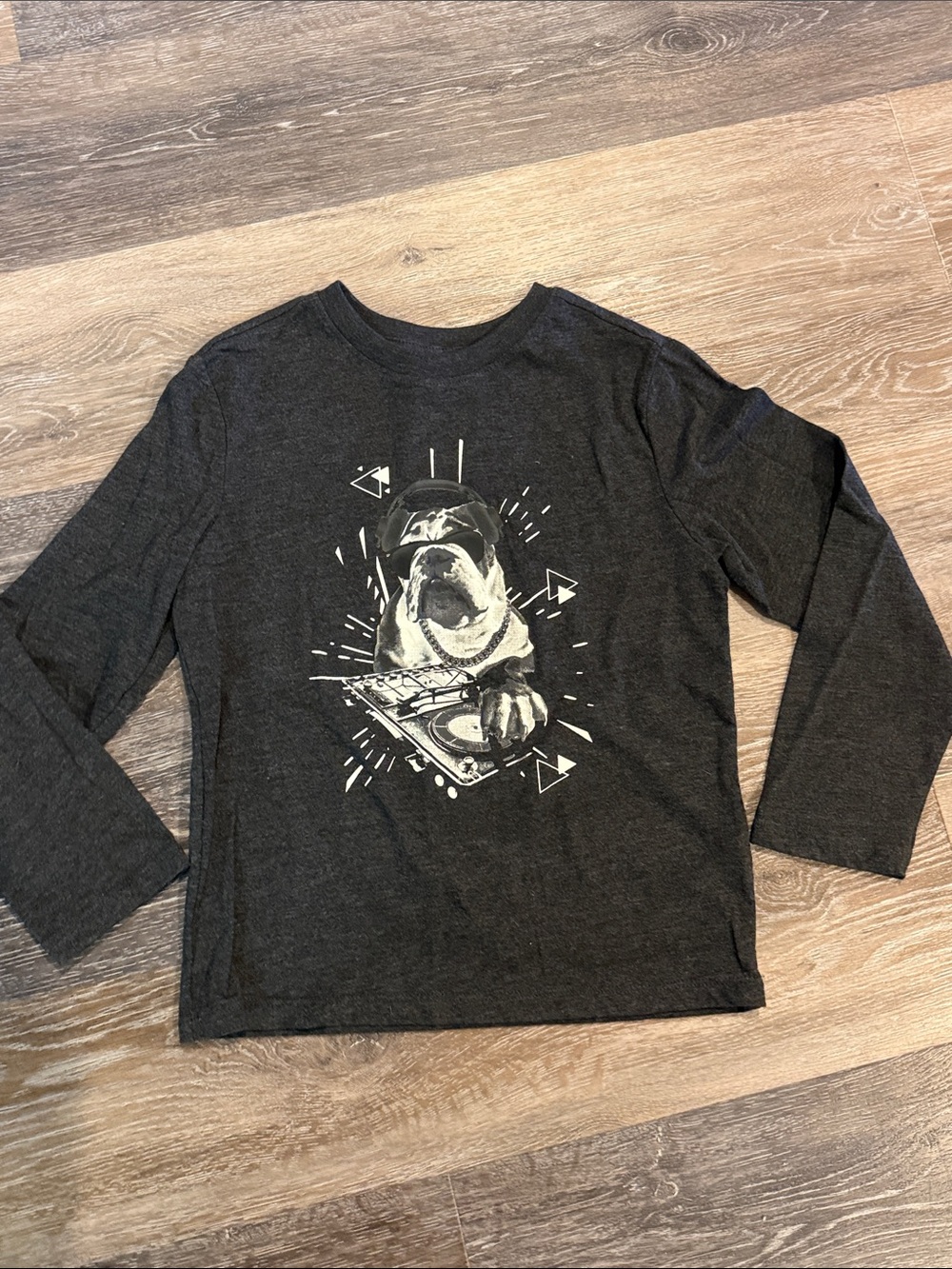 Cat & Jack Charcoal Long-Sleeve Tee with White Bulldog DJ Graphic